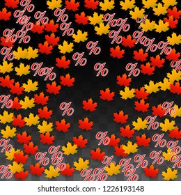 Vector Red Percentage Sign Confetti on Transparent. Percent Sale Background. Business, Economics, Finance Print. Discount Illustration. Promotion Poster. Black Friday Banner. Special offer Template.