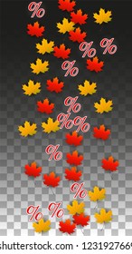 Vector Red Percentage Sign Confetti on Transparent. Percent Sale Background. Business, Economics, Finance Print. Discount Illustration. Promotion Poster. Black Friday Banner. Special offer Template.