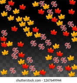Vector Red Percentage Sign Confetti on Transparent. Percent Sale Background. Business, Economics, Finance Print. Discount Illustration. Promotion Poster. Black Friday Banner. Special offer Template.