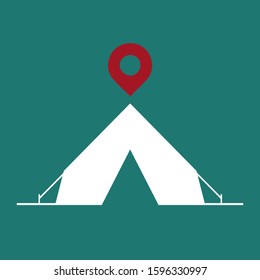 Vector of red pin point above the tent in the forest.