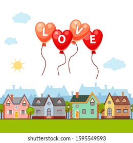 Vector red and pink balloons in the the shape of heart with the word "love" flying above the city landscape. Cute love illustration with houses. Saint Valentine's day in town