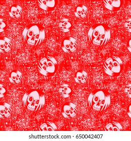 Vector red and pink illustration skull girl with hair and roses on grunge backdrop. Seamless background. For t-shirt design or print on textile.
