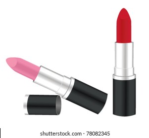 vector red and pink lipstick isolated on white background