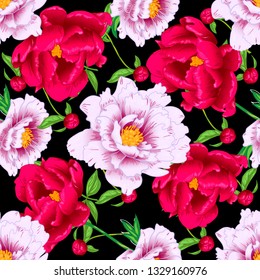 Vector red and pink peony floral botanical flowers. Wild spring leaf wildflower isolated. Engraved ink art. Seamless background pattern. Fabric wallpaper print texture.