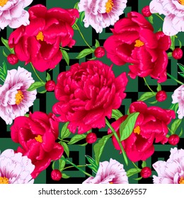 Vector red and pink peony floral botanical flowers. Wild spring leaf wildflower isolated. Engraved ink art. Seamless background pattern. Fabric wallpaper print texture.