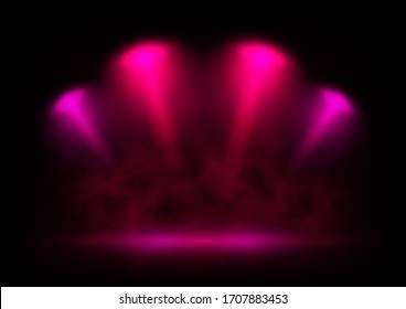 Vector red and pink spotlights on scene with light beams in the smoke. Design for presentation your product. Eps 10.