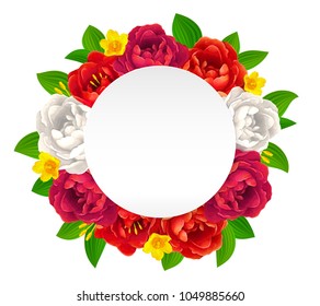 Vector red, pink and white flowers frame with empty round paper label for your greetings
