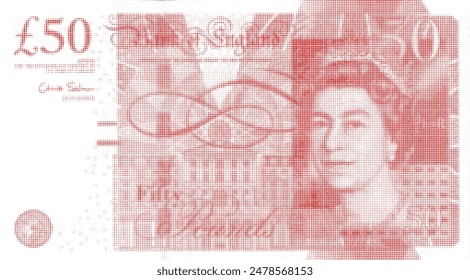 Vector red pixel halftone obverse of a 50 pounds UK note. Fifty. England banknote made of many dots.