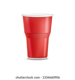 Vector red plastic cup. Disposable beverage container for party, takeaway drinks or outdoor picknics, barbecue. Empty juice, water or alcohol drinks container, hot coffee, tea cup mockup illustration