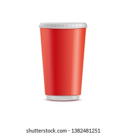 Vector red plastic cup. Disposable beverage container for party, takeaway drinks or outdoor picknics, barbecue. Empty juice, water or alcohol drinks container, hot coffee, tea cup mockup illustration