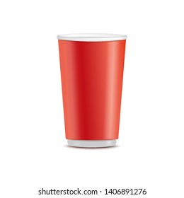 Vector red plastic cup. Disposable beverage container for party, takeaway drinks or outdoor picknics, barbecue. Empty juice, water or alcohol drinks container, hot coffee, tea cup mockup illustration