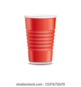 Vector red plastic cup. Disposable beverage container for party, takeaway drinks or outdoor picknics, barbecue. Empty juice, water or alcohol drinks container, hot coffee, tea cup mockup illustration