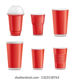 Vector red plastic cup set. Disposable beverage for party, takeaway drinks or outdoor picknics, barbecue. Empty juice, smoothie, icecream, water or alcohol container, hot coffee, tea cup mockup