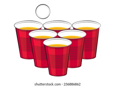 Vector red plastic cups of beer and ping pong ball on a white background.