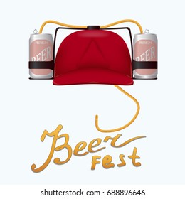 vector red plastic helmet for drinks with two aluminum beer cans and a hose. Inscription - beer fest