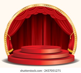 vector red podium on circle stage with red curtain