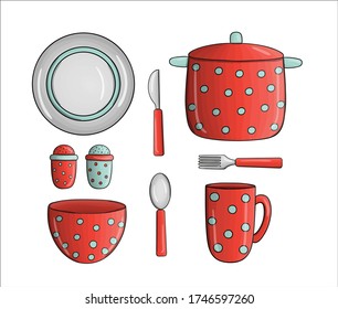 Vector red polka dot pot, bowl, mug, dinner ware. Kitchen tool icons isolated on white background. Cartoon style cooking equipment. Crockery vector illustration set