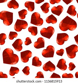 Vector Red Polygonal Heart Random Seamless Pattern on White Background