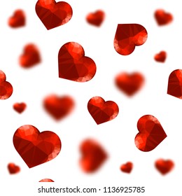 Vector Red Polygonal Heart Random Seamless Pattern on White Background