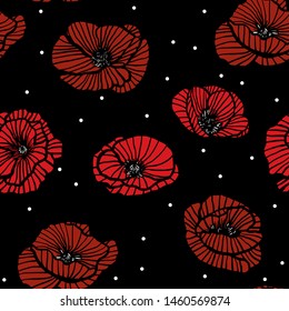 Vector Red poppies flower seamless pattern with black background