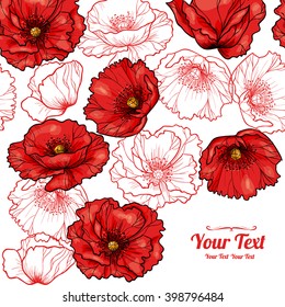 Vector red poppies flowers frame corner pattern . Invitation or greeting card design.Vector illustration