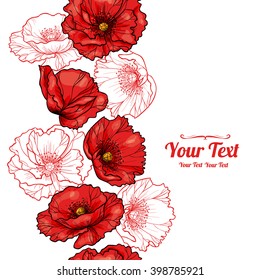 Vector red poppies flowers vertical frame seamless pattern background . Invitation or greeting card design.Vector illustration