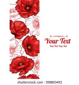 Vector red poppies flowers vertical frame seamless pattern background . Invitation or greeting card design.Vector illustration