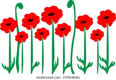 Vector of red poppies with white color in background.