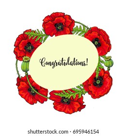 Vector red poppy flower blooming template. Isolated illustration on a white background. Realistic hand drawn blossom with stem and leaves. Floral congratulatory, greeting card template