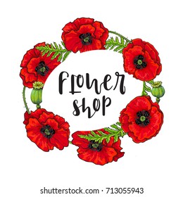Vector red poppy flower blooming flower shop template. Illustration on a black background. Realistic hand drawn blossom with stem and leaves. Floral design framed banner object.