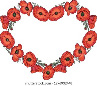 Vector red poppy flower and bluegrass heart frame or border.  hand drawn graphical illustration. Isolated.