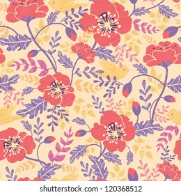 Vector Red Poppy Flowers And Birds Seamless Pattern Background With Hand Drawn Floral Elements.