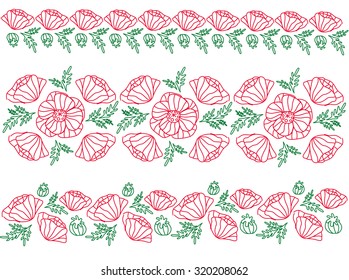 Vector red poppy flowers with green leaves horizontal seamless pattern ornament background with hand drawn floral elements.