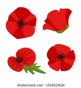 Vector red poppy flowers for remembrance day isolated on white. Flat set of bright stylized flower, international symbol of peace use for memorial poster, card, web pages