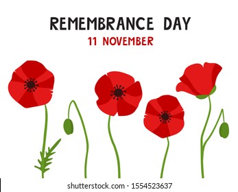 Vector red poppy flowers for remembrance day isolated on white. Flat illustrationof bright stylized flower, international symbol of peace use for memorial poster, card, web pages