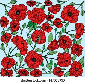 Vector red poppy on light blue background.