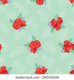 Vector red poppy and purple cornflower floral seamless pattern design with green leaf background. Designed by Daania at deeyana83*yahoo.com.