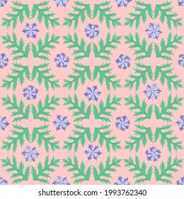 Vector red poppy and purple cornflower floral seamless pattern design with green leaf background. Designed by Daania at deeyana83*yahoo.com.