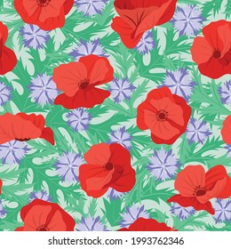 Vector red poppy and purple cornflower floral seamless pattern design with green leaf background. Designed by Daania at deeyana83*yahoo.com.