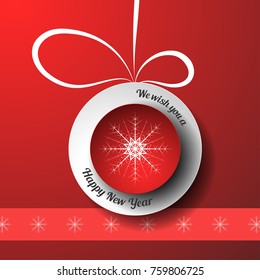 Vector red poster of Happy New Year with gradient backround, red and white Christmas ball cut from paper with stripe.