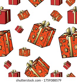 Vector Red present boxes with golden bow and stars seamless pattern. Hand drawn gift boxes for celebrations. Isolated on white background. Merry Christmas and Happy New Year wrapping, gift paper.