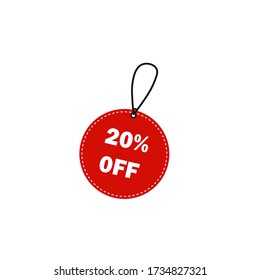 Vector red price tag label with 20% off text isolated on white background.