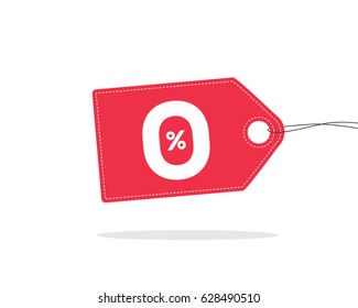 Vector red price tag label with 0% text on it and with shadow isolated on white background. For spring summer sale campaign.
