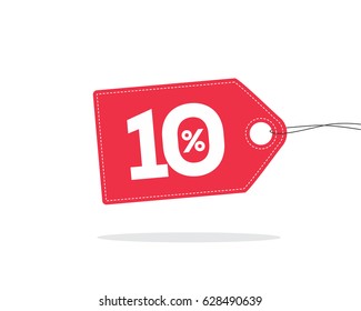 Vector red price tag label with 10% text on it and with shadow isolated on white background. For spring summer sale campaign.