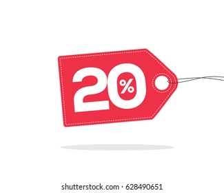 Vector red price tag label with 20% text on it and with shadow isolated on white background. For spring summer sale campaign.