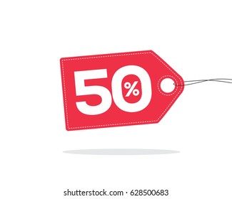 Vector red price tag label with 50% text on it and with shadow isolated on white background. For spring summer sale campaign.
