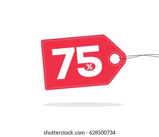 Vector red price tag label with 75% text on it and with shadow isolated on white background. For spring summer sale campaign.