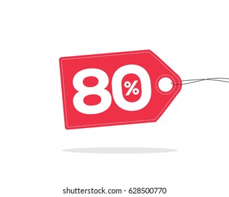 Vector red price tag label with 80% text on it and with shadow isolated on white background. For spring summer sale campaign.