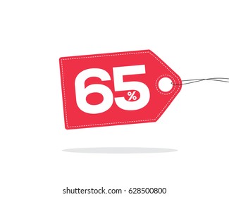 Vector red price tag label with 65% text on it and with shadow isolated on white background. For spring summer sale campaign.