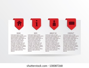 Vector red progress card with gold ribbon marks and simple web icons.